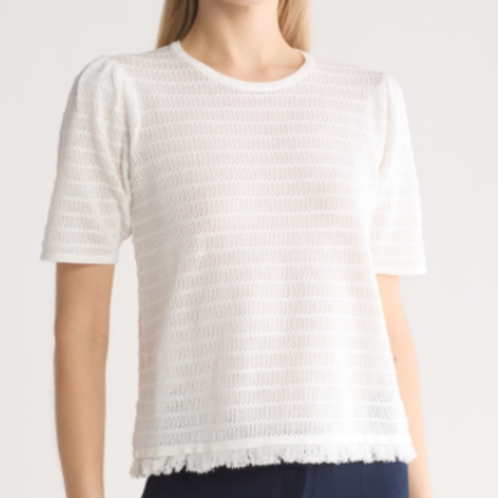 Adrianna Papell Open Stitch Fringe Sweater Top